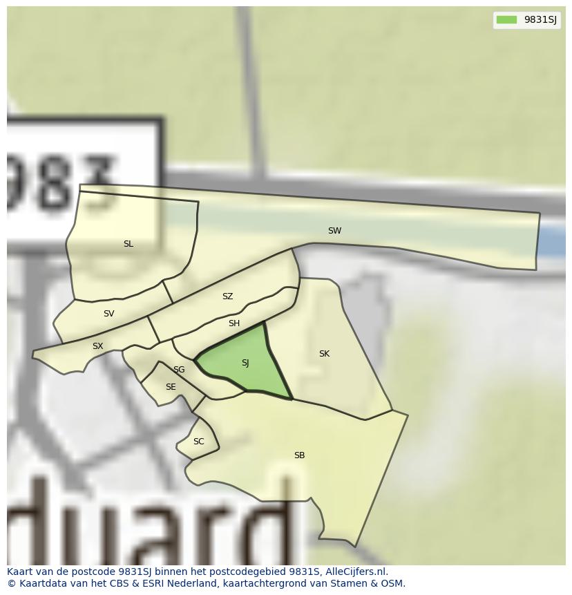 Afbeelding van het postcodegebied 9831 SJ op de kaart.