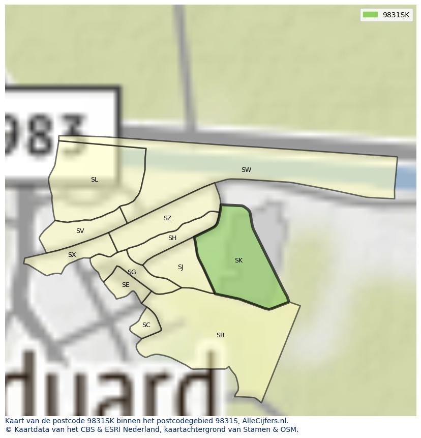 Afbeelding van het postcodegebied 9831 SK op de kaart.