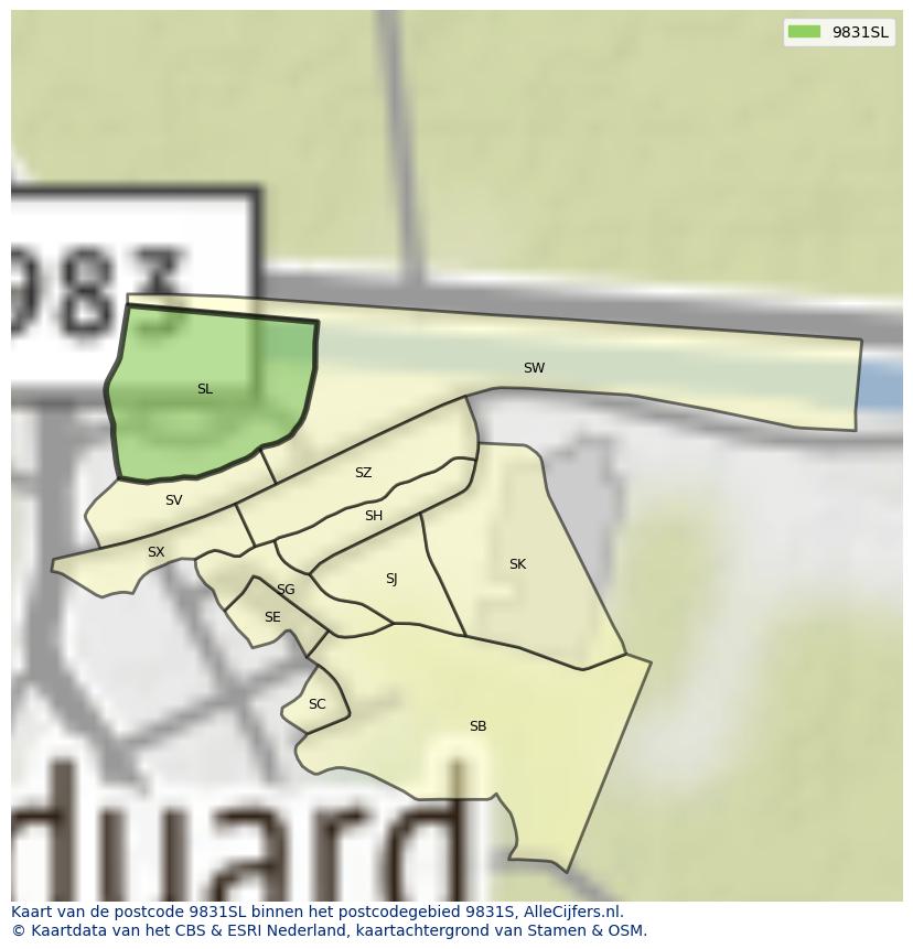 Afbeelding van het postcodegebied 9831 SL op de kaart.
