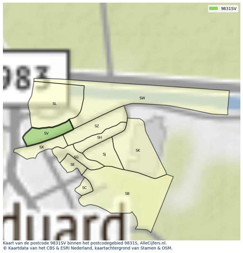 Afbeelding van het postcodegebied 9831 SV op de kaart.