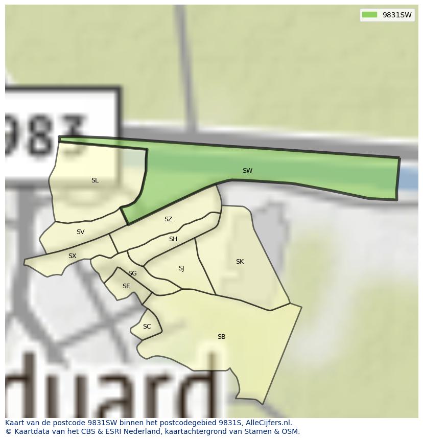 Afbeelding van het postcodegebied 9831 SW op de kaart.