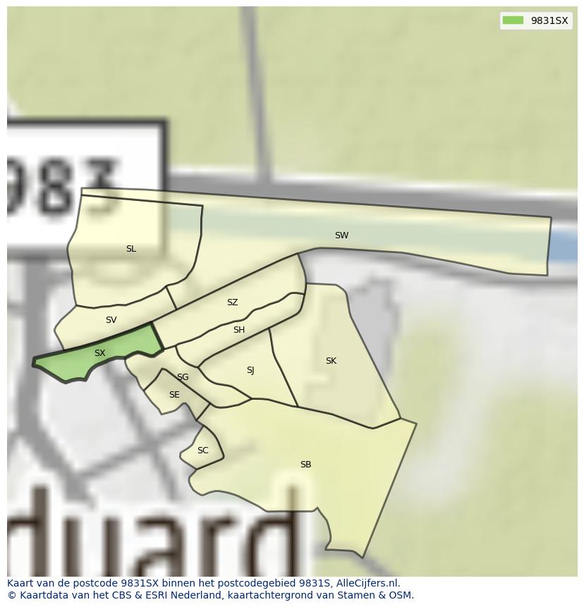 Afbeelding van het postcodegebied 9831 SX op de kaart.
