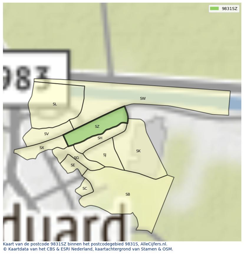Afbeelding van het postcodegebied 9831 SZ op de kaart.