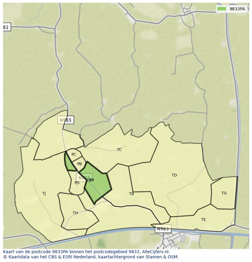 Afbeelding van het postcodegebied 9833 PA op de kaart.