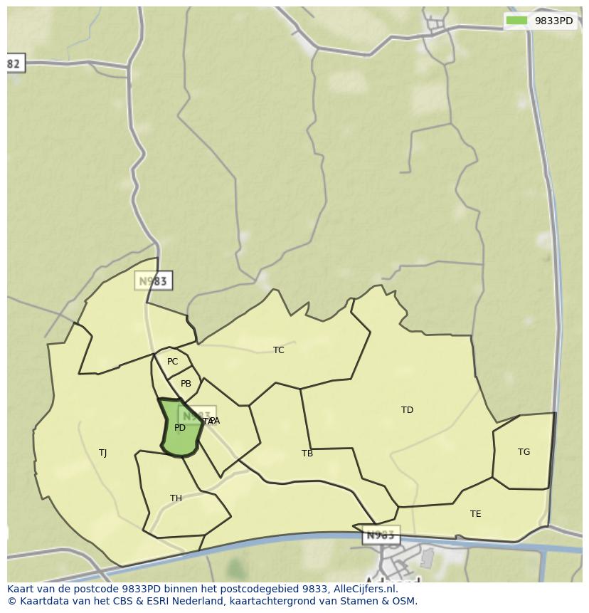 Afbeelding van het postcodegebied 9833 PD op de kaart.