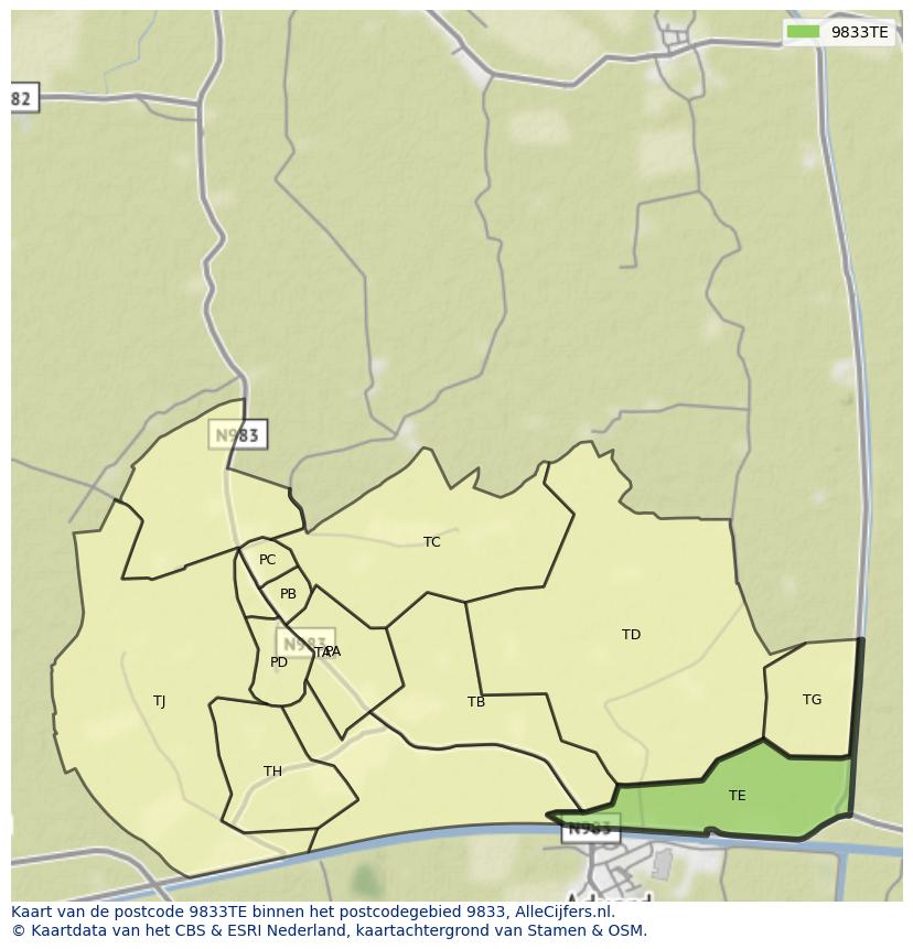 Afbeelding van het postcodegebied 9833 TE op de kaart.