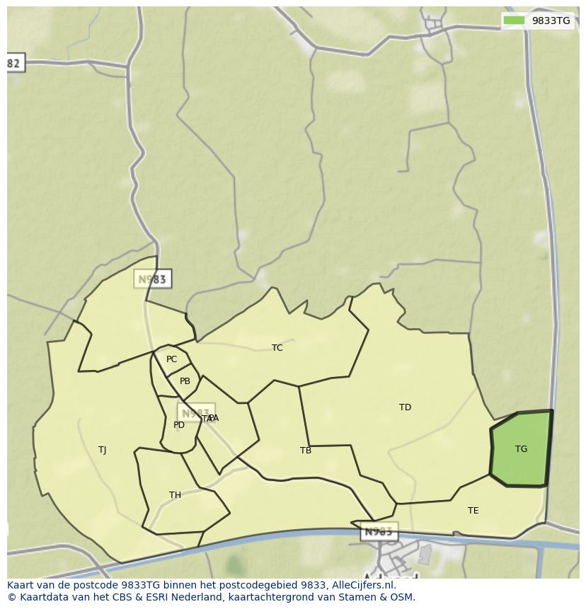 Afbeelding van het postcodegebied 9833 TG op de kaart.