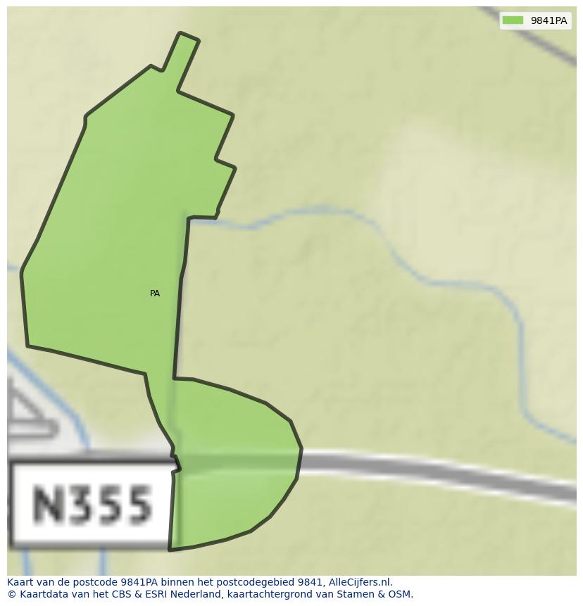Afbeelding van het postcodegebied 9841 PA op de kaart.