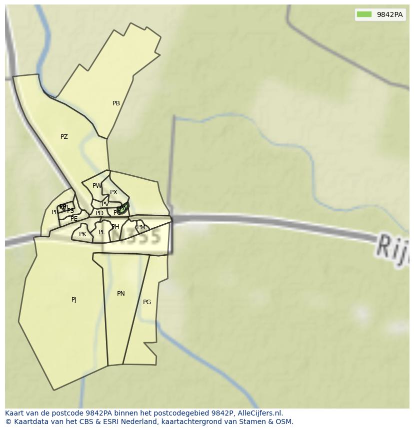Afbeelding van het postcodegebied 9842 PA op de kaart.