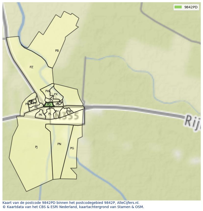 Afbeelding van het postcodegebied 9842 PD op de kaart.