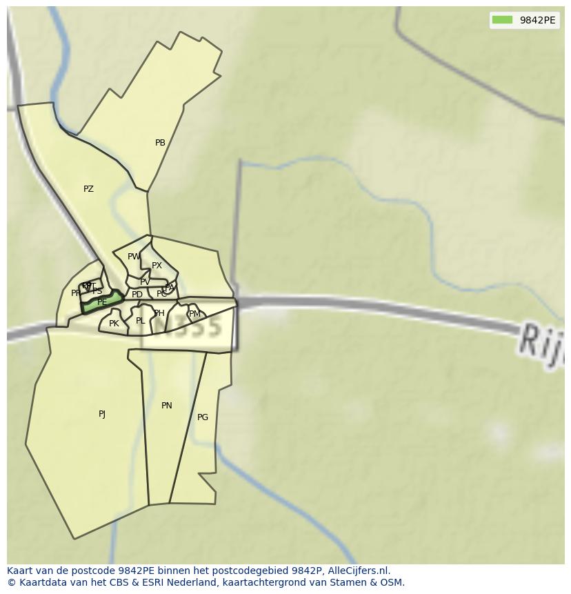 Afbeelding van het postcodegebied 9842 PE op de kaart.