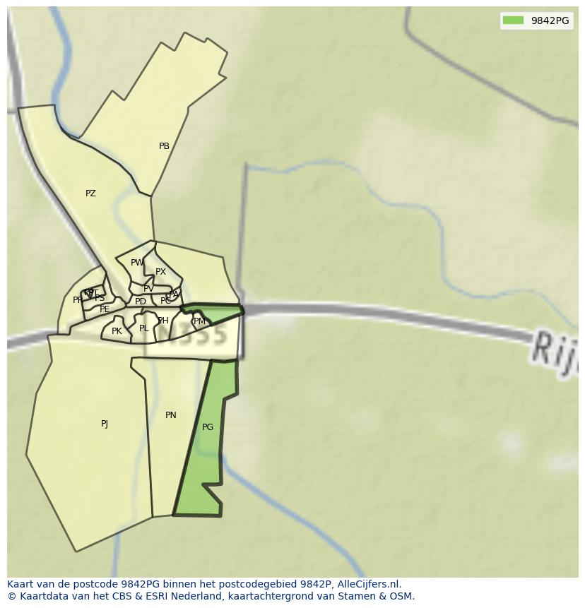 Afbeelding van het postcodegebied 9842 PG op de kaart.