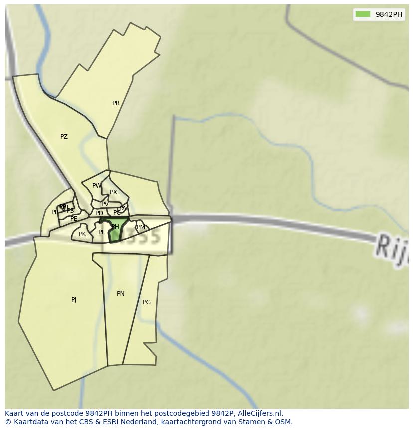 Afbeelding van het postcodegebied 9842 PH op de kaart.