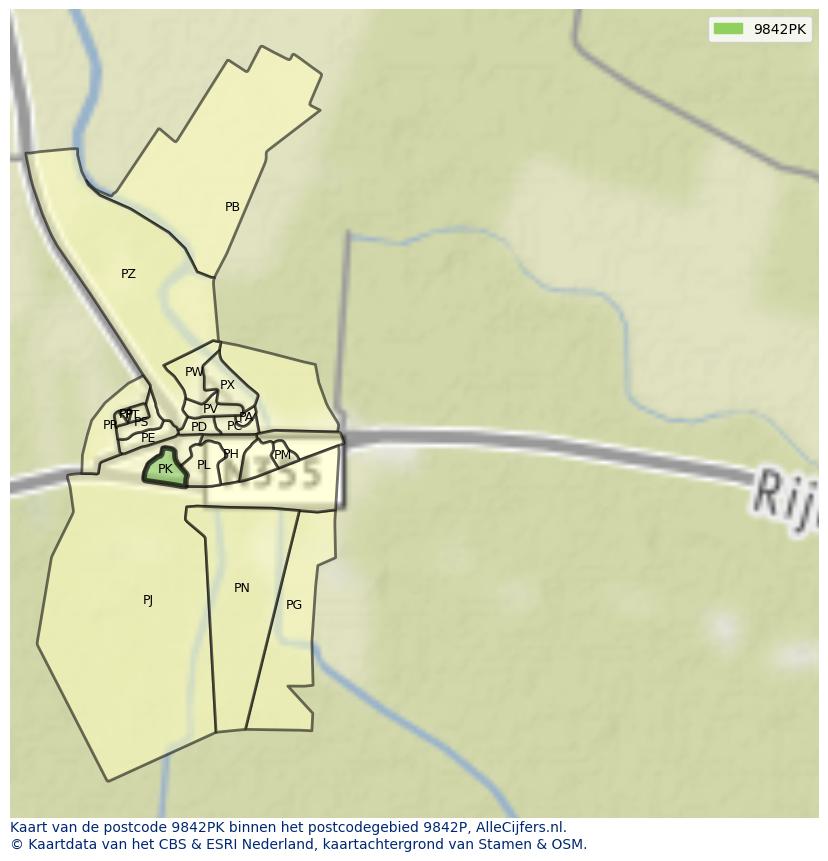 Afbeelding van het postcodegebied 9842 PK op de kaart.