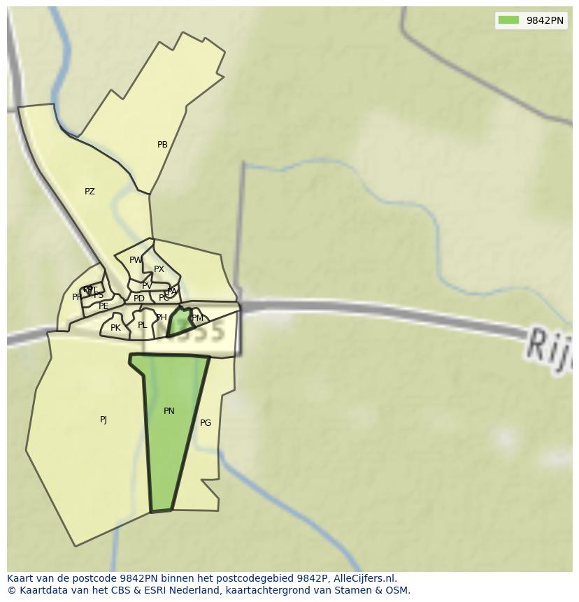 Afbeelding van het postcodegebied 9842 PN op de kaart.