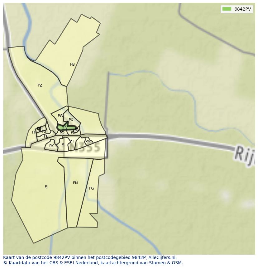 Afbeelding van het postcodegebied 9842 PV op de kaart.