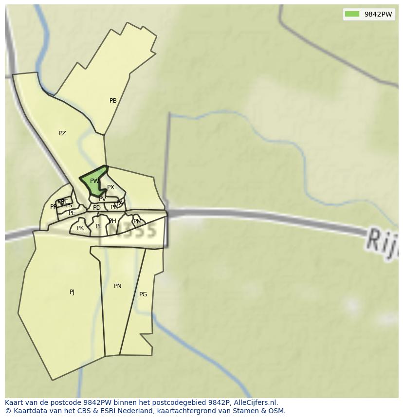 Afbeelding van het postcodegebied 9842 PW op de kaart.