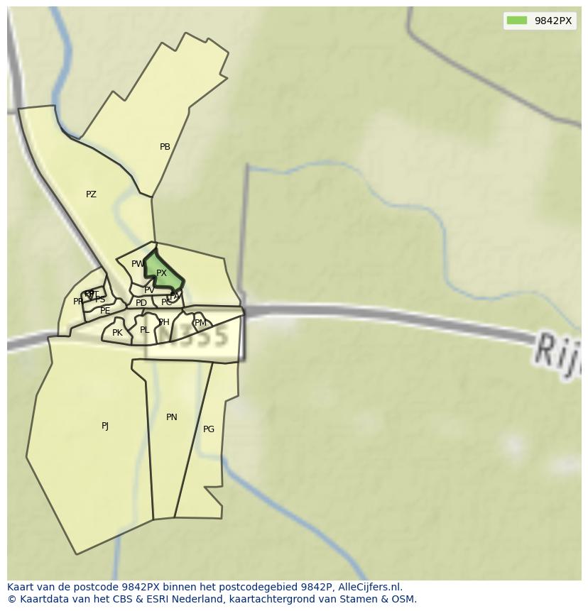 Afbeelding van het postcodegebied 9842 PX op de kaart.