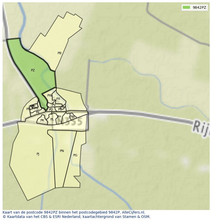 Afbeelding van het postcodegebied 9842 PZ op de kaart.