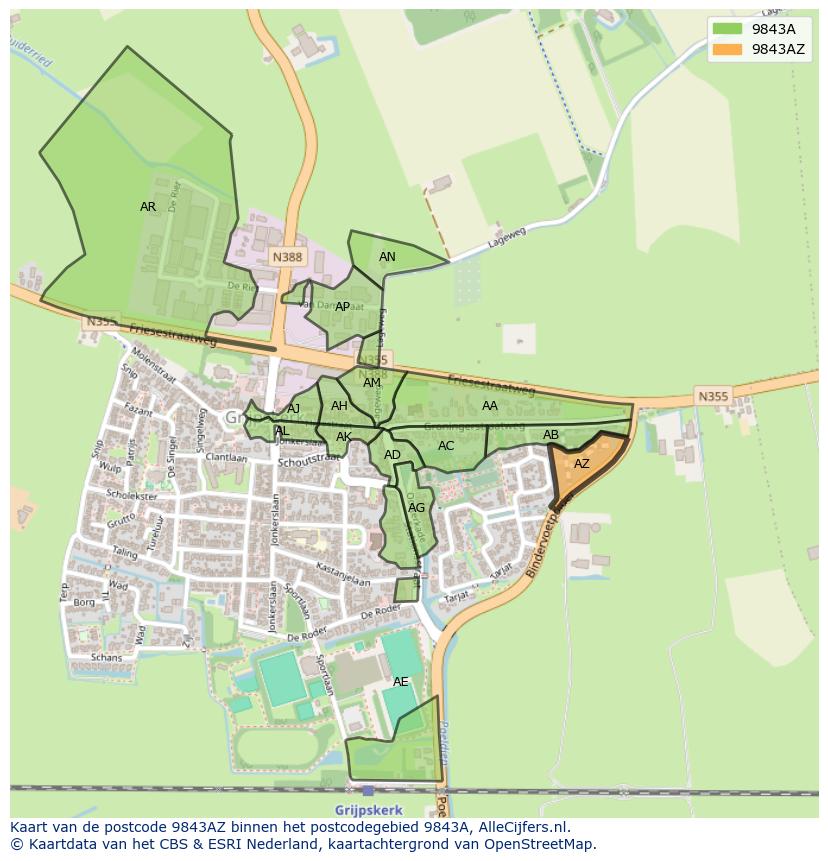 Afbeelding van het postcodegebied 9843 AZ op de kaart.