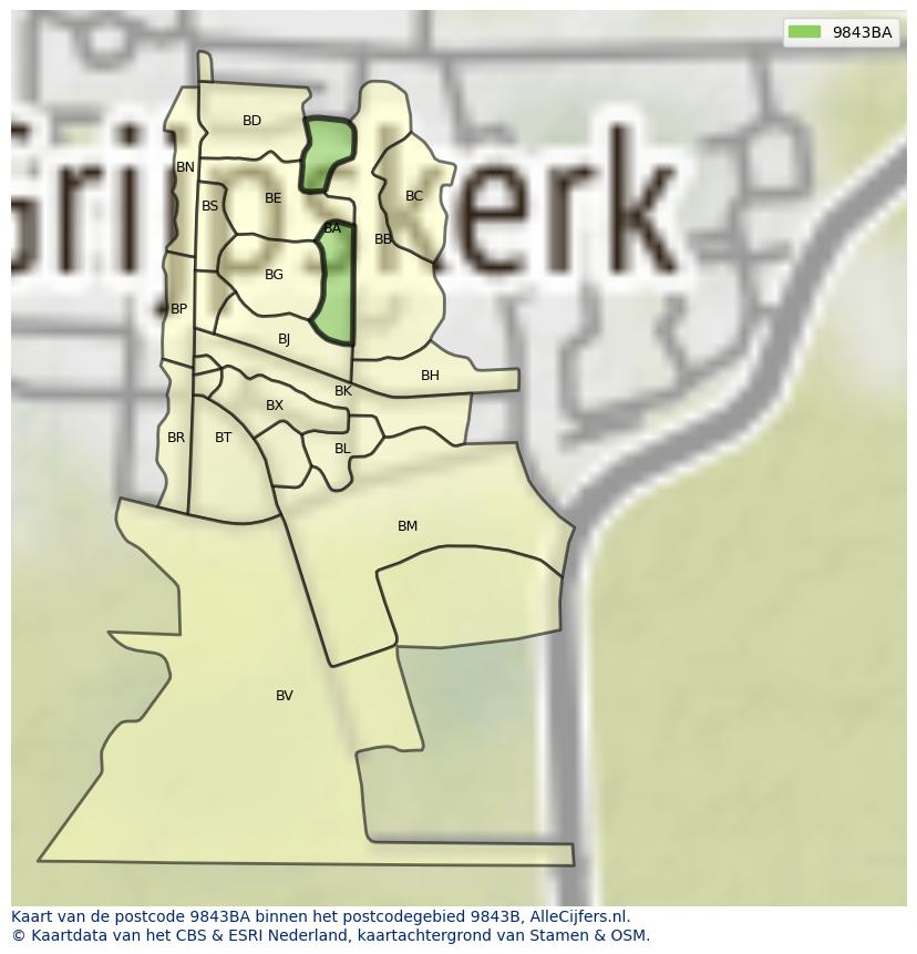 Afbeelding van het postcodegebied 9843 BA op de kaart.