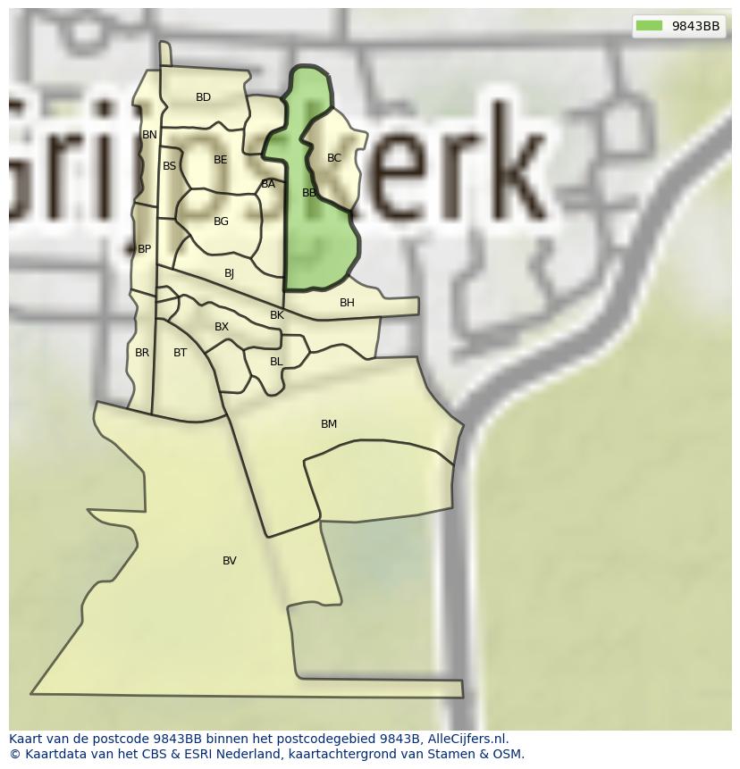 Afbeelding van het postcodegebied 9843 BB op de kaart.