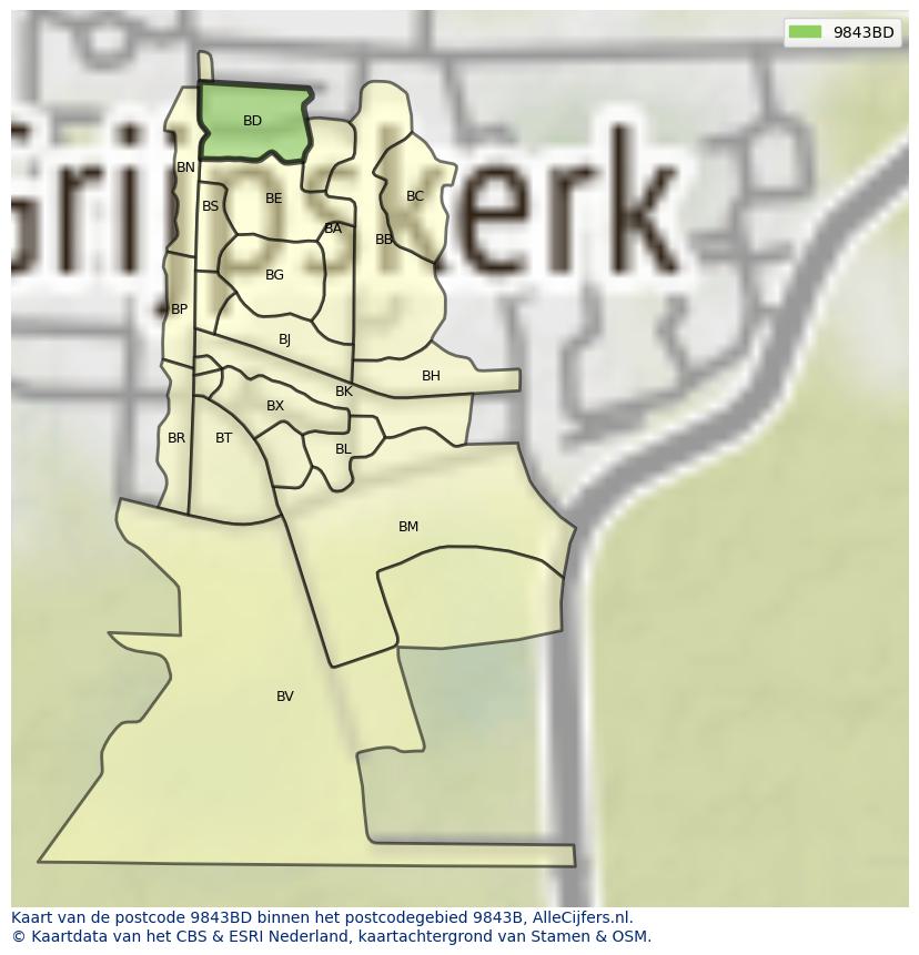 Afbeelding van het postcodegebied 9843 BD op de kaart.