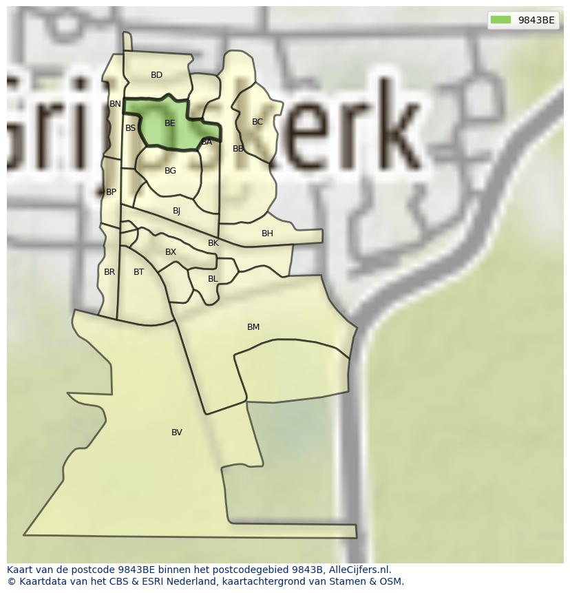 Afbeelding van het postcodegebied 9843 BE op de kaart.