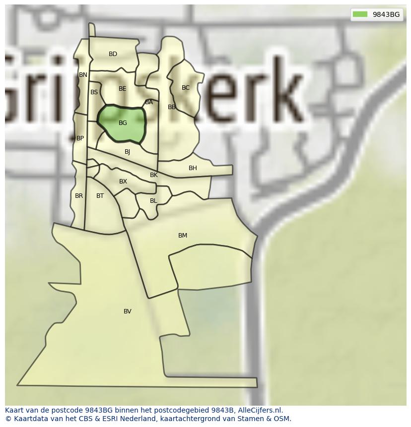 Afbeelding van het postcodegebied 9843 BG op de kaart.