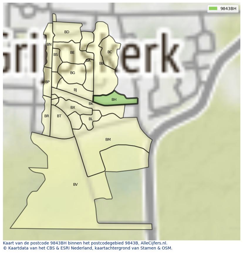 Afbeelding van het postcodegebied 9843 BH op de kaart.