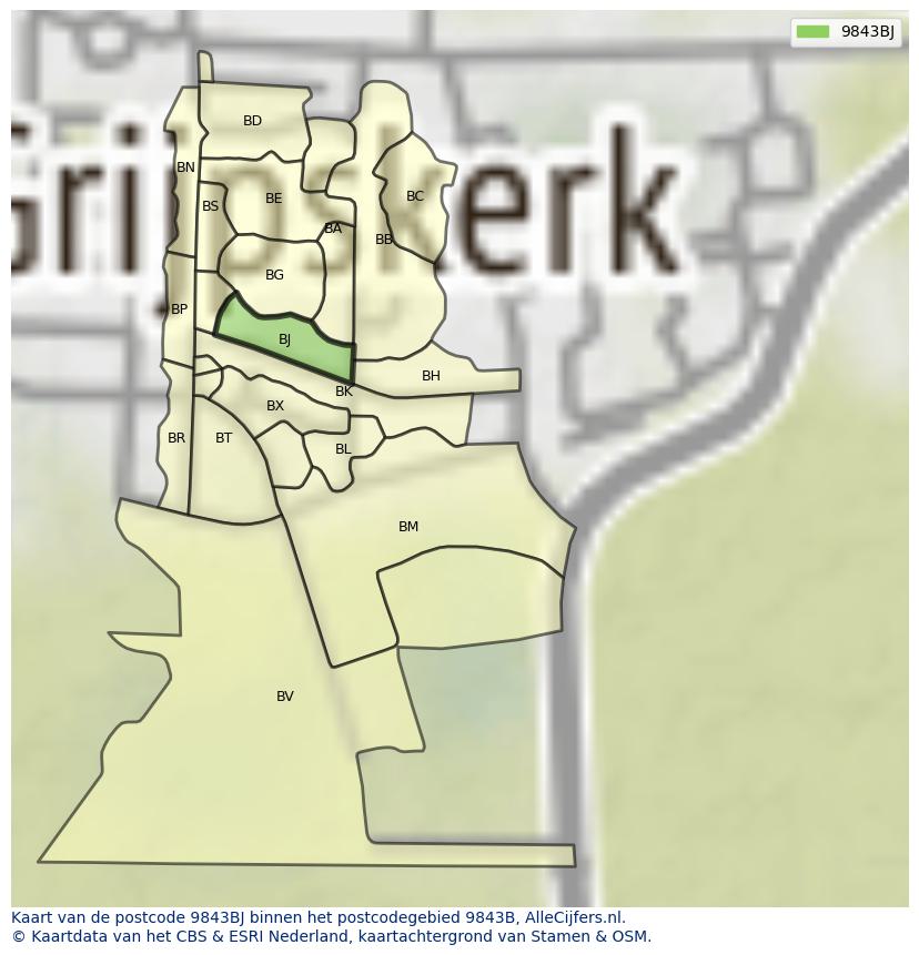 Afbeelding van het postcodegebied 9843 BJ op de kaart.