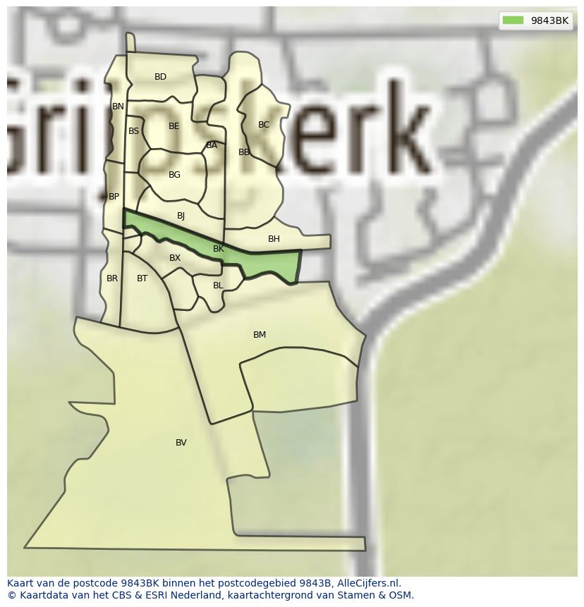 Afbeelding van het postcodegebied 9843 BK op de kaart.