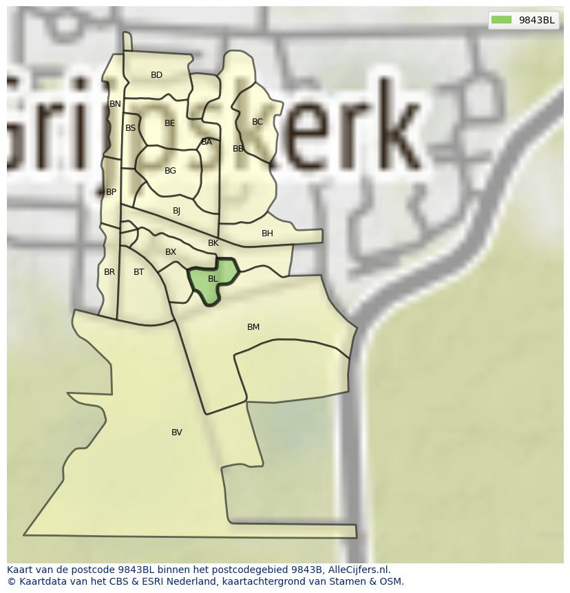 Afbeelding van het postcodegebied 9843 BL op de kaart.