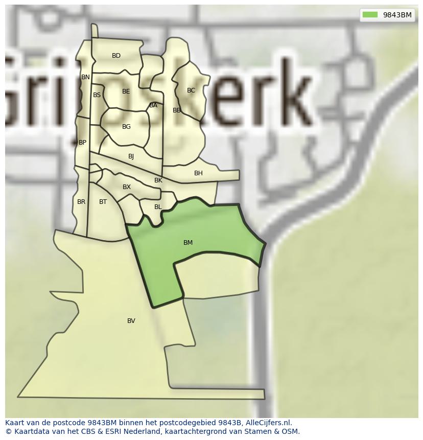 Afbeelding van het postcodegebied 9843 BM op de kaart.