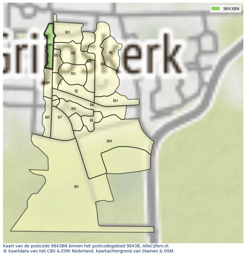 Afbeelding van het postcodegebied 9843 BN op de kaart.
