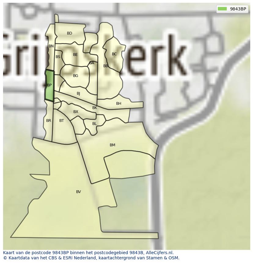 Afbeelding van het postcodegebied 9843 BP op de kaart.
