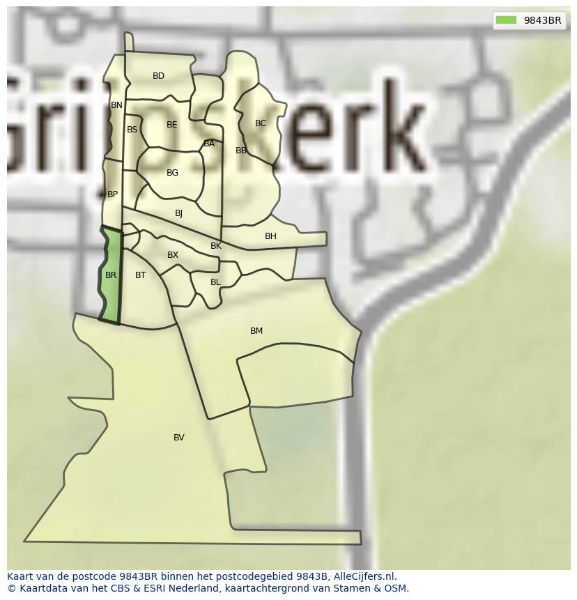 Afbeelding van het postcodegebied 9843 BR op de kaart.