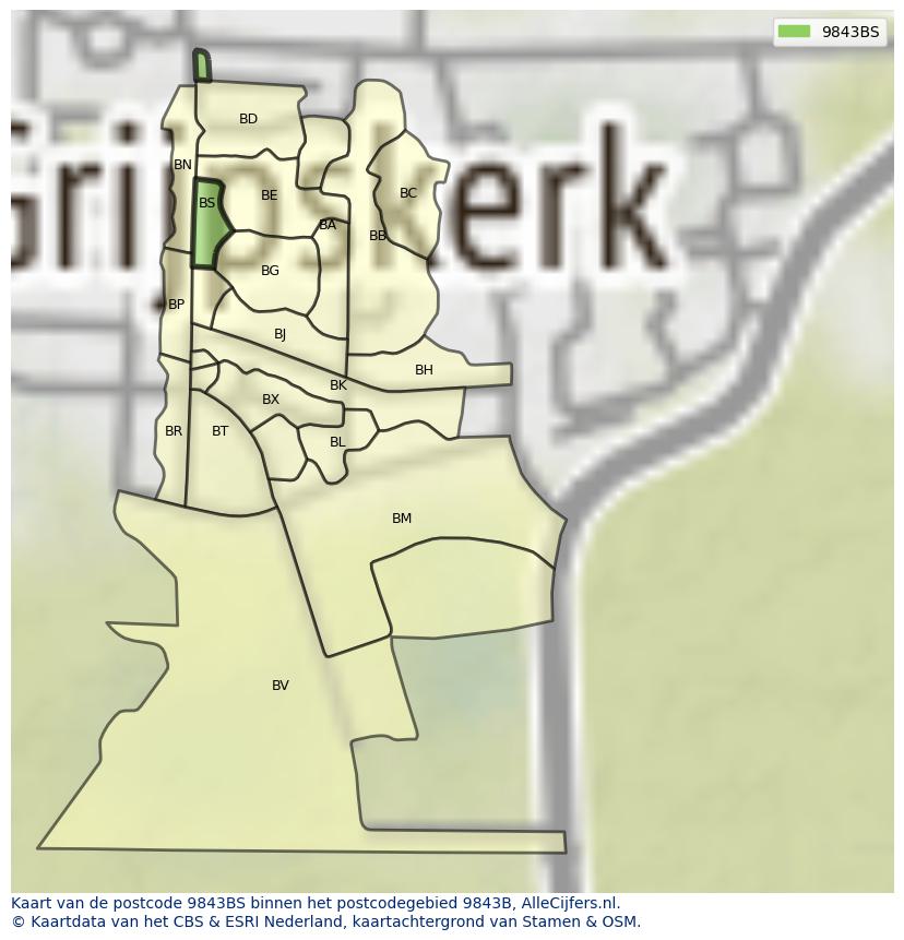 Afbeelding van het postcodegebied 9843 BS op de kaart.