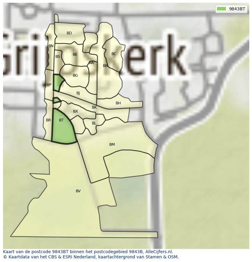 Afbeelding van het postcodegebied 9843 BT op de kaart.