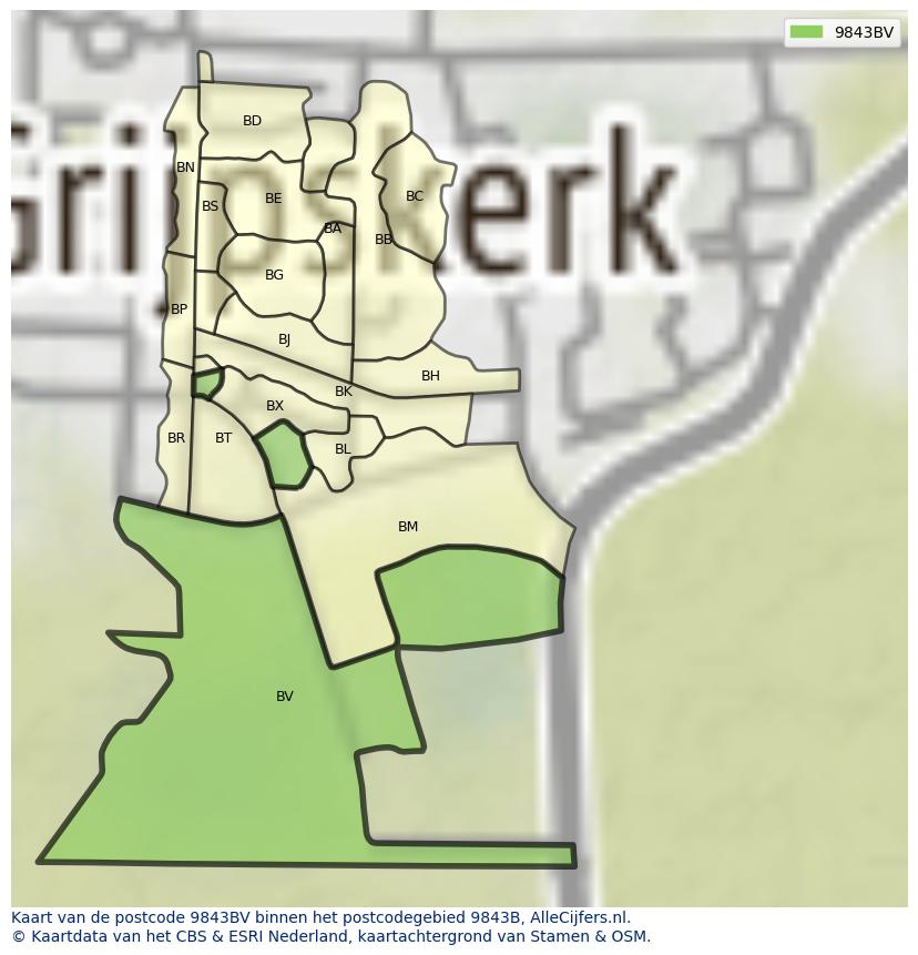 Afbeelding van het postcodegebied 9843 BV op de kaart.