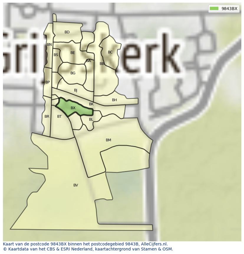 Afbeelding van het postcodegebied 9843 BX op de kaart.