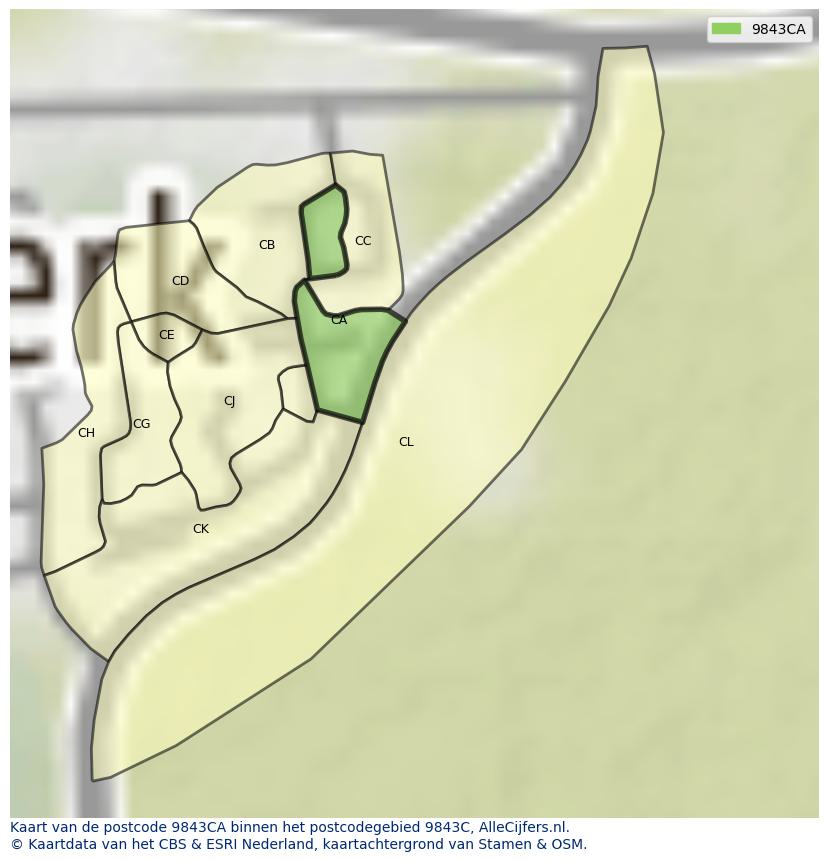 Afbeelding van het postcodegebied 9843 CA op de kaart.