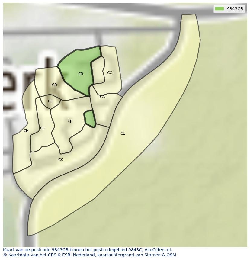 Afbeelding van het postcodegebied 9843 CB op de kaart.