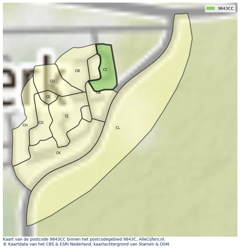 Afbeelding van het postcodegebied 9843 CC op de kaart.
