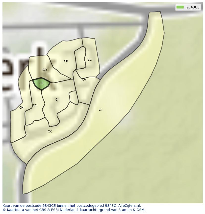 Afbeelding van het postcodegebied 9843 CE op de kaart.