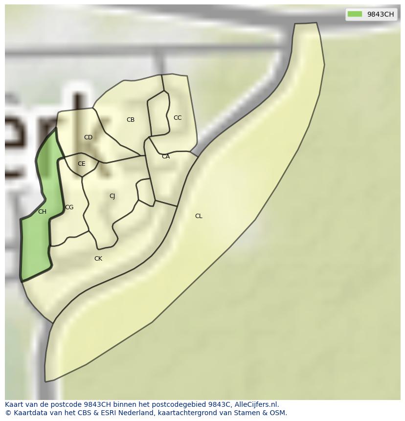 Afbeelding van het postcodegebied 9843 CH op de kaart.