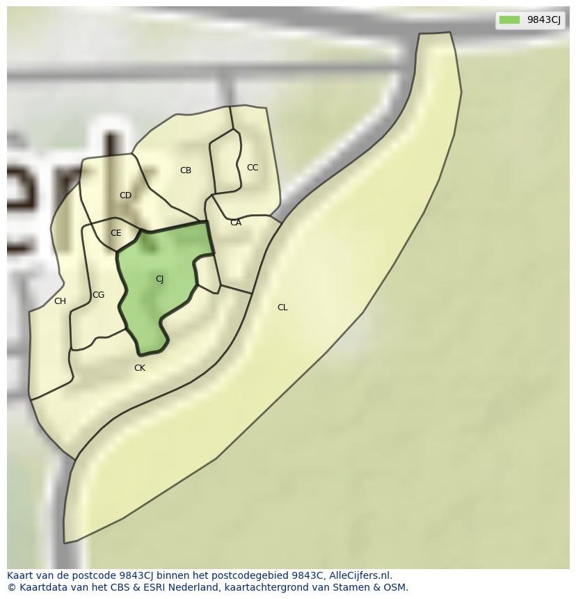 Afbeelding van het postcodegebied 9843 CJ op de kaart.