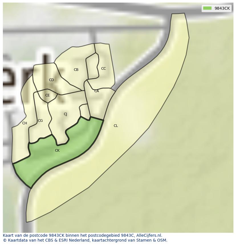 Afbeelding van het postcodegebied 9843 CK op de kaart.
