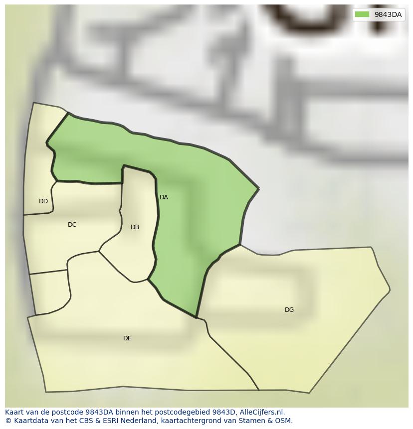 Afbeelding van het postcodegebied 9843 DA op de kaart.