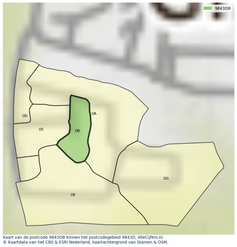 Afbeelding van het postcodegebied 9843 DB op de kaart.